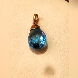 10k Solid Yellow Gold Blue Topaz Briolette Checkerboard Cut Pendant